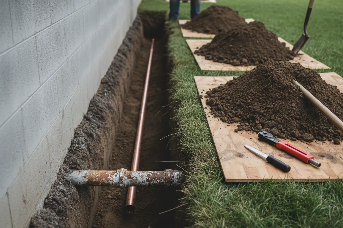 Excavated water line trench during Water Heater Repair in New Hyde Park